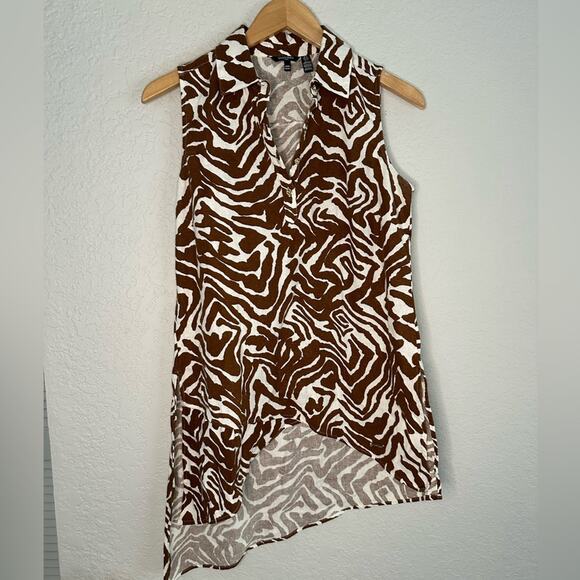 Linen Animal Print Top Tunic Brown White Zebra Asymmetric Tribal Vacation Aztec - Picture 1 of 7
